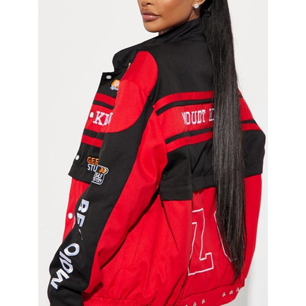 Women Varsity Jacket Motorcycle Racer Detachable Letter Graphic Jackets Red - Picture 4 of 9